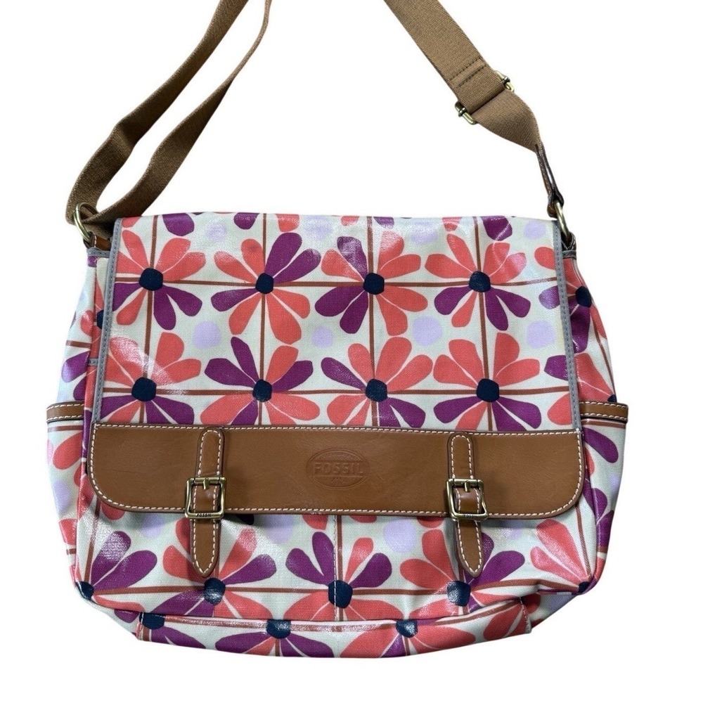 Fossil Key Per Coated Canvas Messenger Bag Floral Print 70s Flower Power Groovy